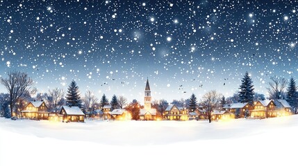 Fototapeta premium A snowy winter village scene with warm illuminated buildings at night
