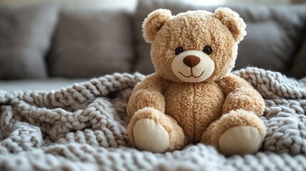 Obraz premium Cuddly Companion: A classic teddy bear rests comfortably on a soft, textured blanket, its gentle presence evoking feelings of comfort and nostalgia.