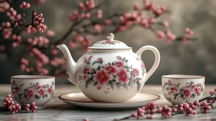 Elegant Tea Set: A beautifully arranged tea set, featuring a porcelain teapot and two matching cups, adorned with floral patterns. Set against a background of delicate blossoms.
