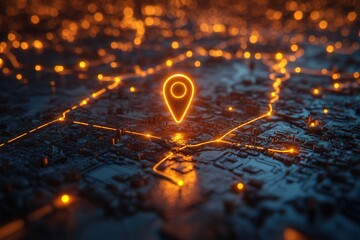 Glowing location pin on a futuristic digital map at night, highlighting navigation and technology concepts in vibrant orange.