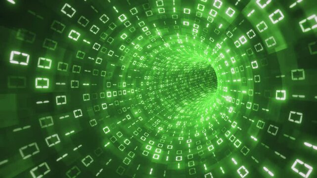 High-Speed Green Futuristic Energy Tunnel, 4k Glowing Binary Digits Data Transfer, Abstract Artificial Intelligence and Digital Blockchain concept Motion Background, 3d looping animation