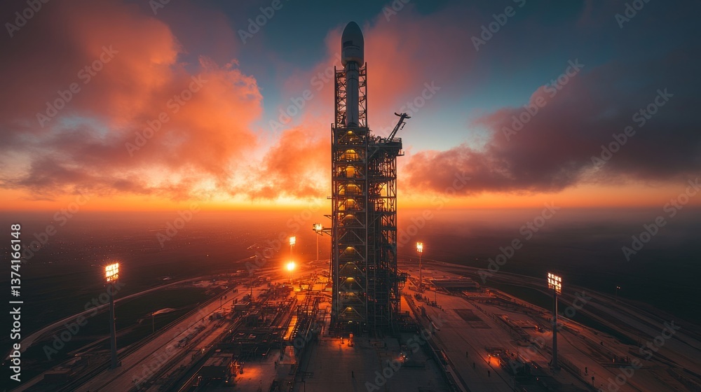 Poster rocket stands tall on the launch pad as the sun sets, showcasing its advanced specifications includi