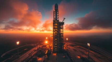 Rocket stands tall on the launch pad as the sun sets, showcasing its advanced specifications including retropropulsion and heatshield technology, preparing for an upcoming mission.