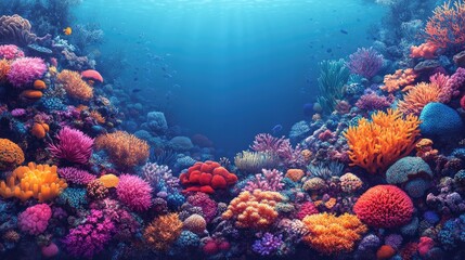 Naklejka premium Underwater Coral Reef: A vibrant underwater panorama showcasing a diverse coral reef teeming with life and color. The scene captures the beauty and complexity of an ocean ecosystem.