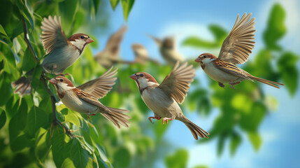 group of sparrow flying from a tree