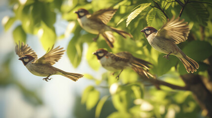 group of sparrow flying from a tree