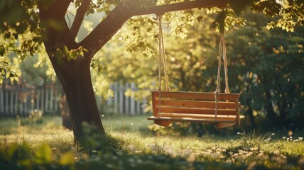 Serene summer afternoon with wooden swing hanging from tree in tranquil garden