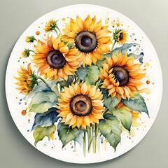 Watercolor painting with a bouquet of sunflower flowers in a circle.