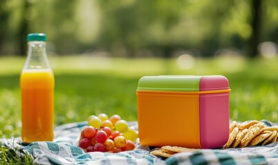 Enjoying a healthy picnic in the park with fresh juice, grapes, crackers, and a packed lunch.