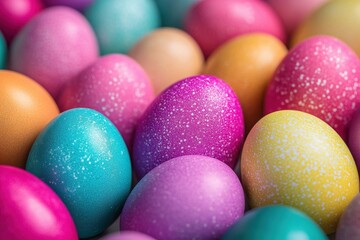 Obraz premium A vibrant collection of pastel Easter eggs speckled with glitter, celebrating spring's joyful arrival and the promise of new beginnings with a soft, close-up focus.