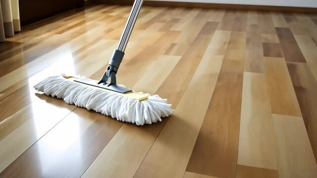 Washing floor with mop in room, space for text.