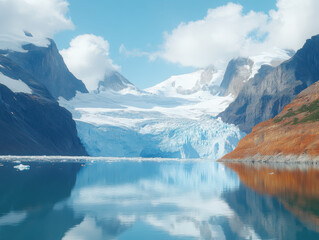 large glacier floating in the middle of mountains, with water and snow on top. A vast, glacial lake, with clear blue sky and white clouds. 