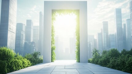 A minimalistic yet realistic scene of a futuristic doorway, opening to reveal a modern city skyline filled with innovative, eco-friendly buildings