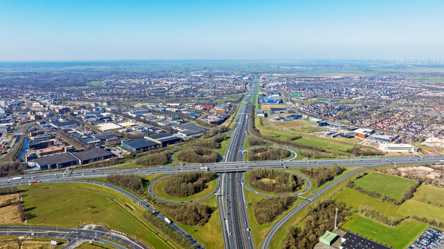Aerial from junction Hoevelaken from highway A1 and A28 near Amersfoort in the Netherlands.