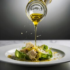Close-up of olive oil pouring in a thin stream from a glass bottle onto fresh green salad with cheese pieces and spices on a white plate.