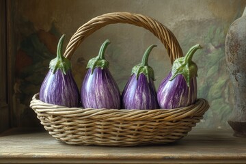 Four purple eggplants with green caps in a woven basket on a rustic wooden table, creating a quaint and organic scene.