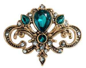 luxurious brooch featuring intricate Art Deco design, adorned with emerald and clear gemstones, exuding elegance and sophistication. This stunning piece is perfect for adding touch of glamour to
