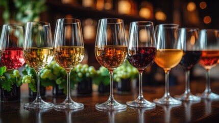 A Symphony of Wine: An artistic display showcasing a range of exquisite wines, each in its own elegant glass, inviting connoisseurs and enthusiasts to savor the diversity of flavors and aromas.