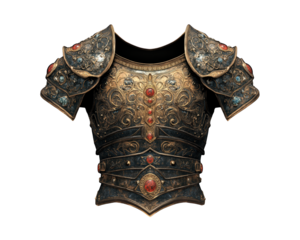stunning piece of heavy armor featuring intricate ornate metalwork, adorned with colorful gemstones and elaborate designs. This armor showcases blend of craftsmanship and artistry, perfect
