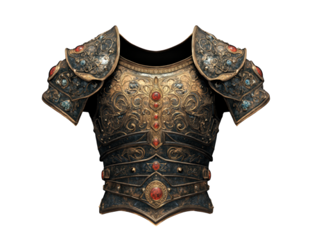 stunning piece of heavy armor featuring intricate ornate metalwork, adorned with colorful gemstones and elaborate designs. This armor showcases blend of craftsmanship and artistry, perfect