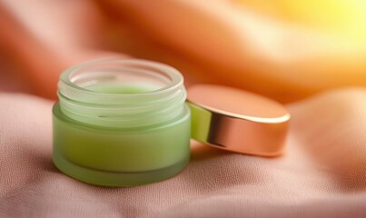 A jar of green cream sits on a peach cloth with its lid, suggesting beauty and wellness.