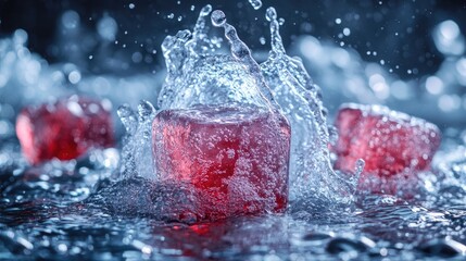 Frozen Rubies and Refreshing Splash: A vibrant display of crystal-clear water erupting around glistening, ice-like rubies, creating a dynamic composition of textures, light, and color.