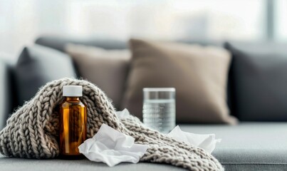Essentials for battling cold and flu season on a comforting sofa setting at home during recovery.