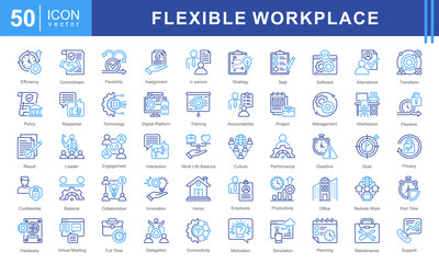 Flexible Workplace icon set featuring icons for remote work, productivity, collaboration, digital platforms, and work-life balance. Ideal for modern office environments, HR, and business management.