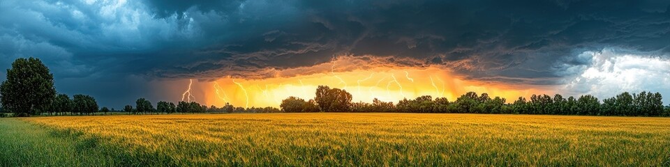Obraz premium Dramatic landscape shows a lightning storm over a golden field