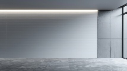 Modern industrial interior with closed roller garage door in minimalist design