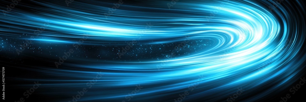 Wall mural abstract design features flowing blue light patterns in space