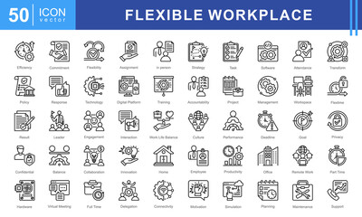 Flexible Workplace icon set featuring icons for remote work, productivity, collaboration, digital platforms, and work-life balance. Ideal for modern office environments, HR, and business management.