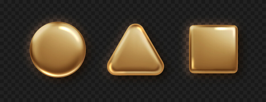 Gold button isolated. Golden design for empty emblem. Glossy golden metallic shape. 3D realistic vector shiny icon