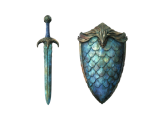 fantasy sword and shield set featuring intricate designs and shimmering blue finish. sword has detailed hilt, while shield showcases scale pattern, evoking sense of adventure and heroism