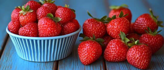 Strawberries in blue striped paper cup placed on wooden board with green background representing summer freshness food simplicity and healthy snack harmony in clean style