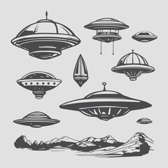 A set of hand-drawn UFO sketches. Ufology. Conspiracy theory. Mysticism. Flying objects. Aliens.