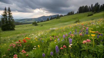 Fototapeta premium A lush green meadow filled with vibrant wildflowers in full bloom.