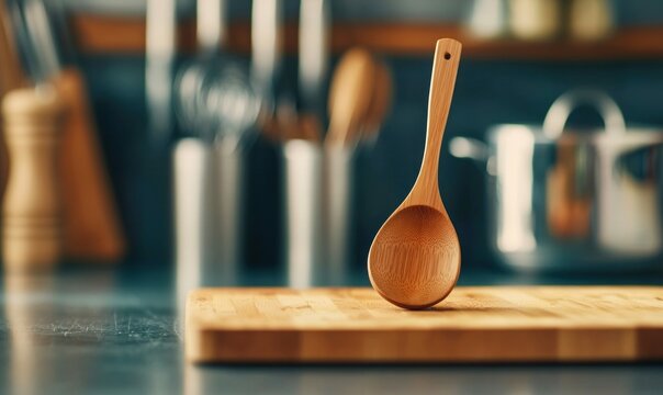 A single wooden spoon rests gracefully on a bamboo cutting board in a warm kitchen setting. - Powered by Adobe