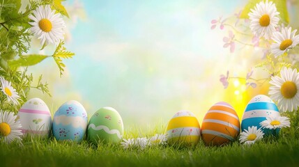 Vibrant Easter eggs nestled in lush green grass surrounded by blooming white daisies in a serene spring meadow under a warm sunlit sky