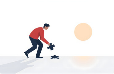 Obraz premium A Person Carefully Gathers A Single Puzzle Piece Against The Faint Glow Of The Approaching Hor