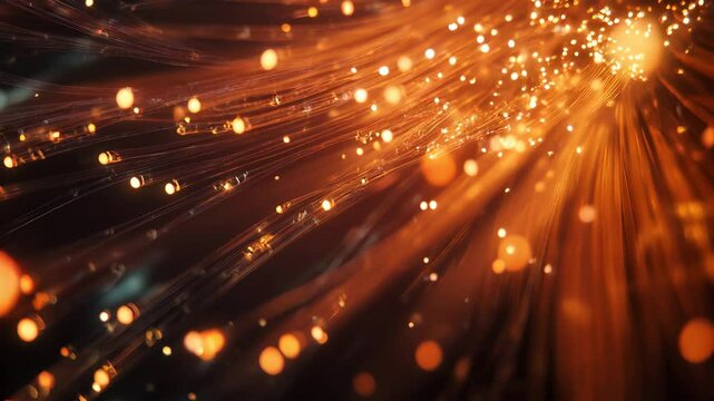 Glowing fiber optic cables with bright orange light. Futuristic technology background with fiber optics, representing high-speed internet, data transfer, and digital communication.