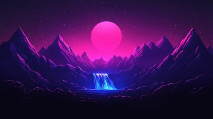 Obraz premium A surreal mountain range with waterfalls turning into streams of light, while the sky above is filled with floating geometric shapes and a swirling cosmic nebula.