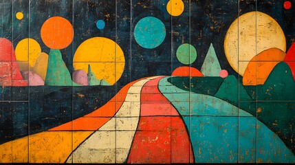 painting of a colorful road with trees and mountains on a wall