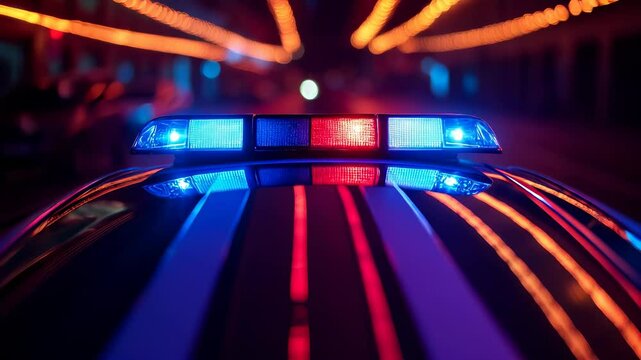 Police car with flashing lights at night. Dramatic scene showing emergency response with red and blue sirens reflecting in the city.