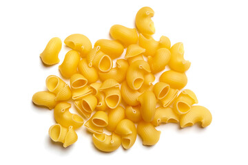 Top view of uncooked yellow pipe rigate pasta with ribbed curved shapes arranged on a clean white background, ideal for product packaging or culinary design