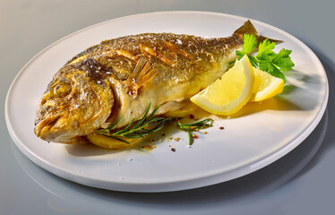 Dorade mit Zitrone auf weissem Teller, Fisch, gebraten, Mittelmeer, 