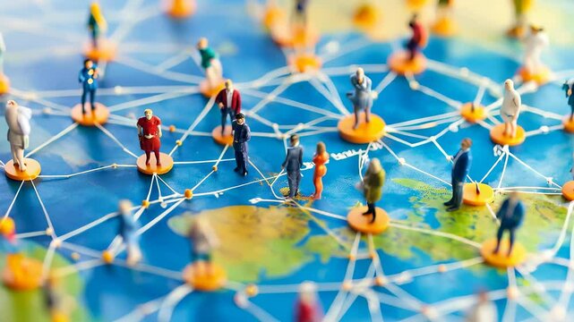 Miniature people on a world map connected by networks. Symbolizing global communication, business connections, and international cooperation in a digital era or politics