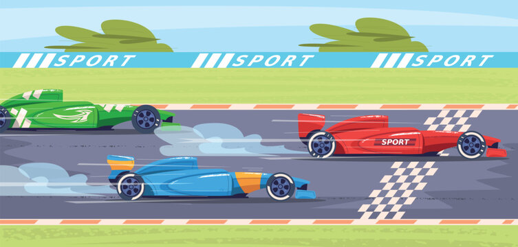 F1 race track. Racetrack finish line or start, formula one racing cars cartoon background rally motor sport speed racing auto driver racers on road, classy vector illustration
