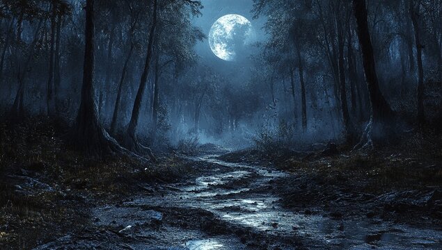 Mysterious moonlit forest path.  A tranquil, dark blue scene with a stream.