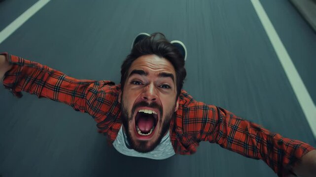 Man screaming with arms outstretched in motion blur. Expressing extreme emotion, adrenaline rush, and a surreal sense of speed and freedom.